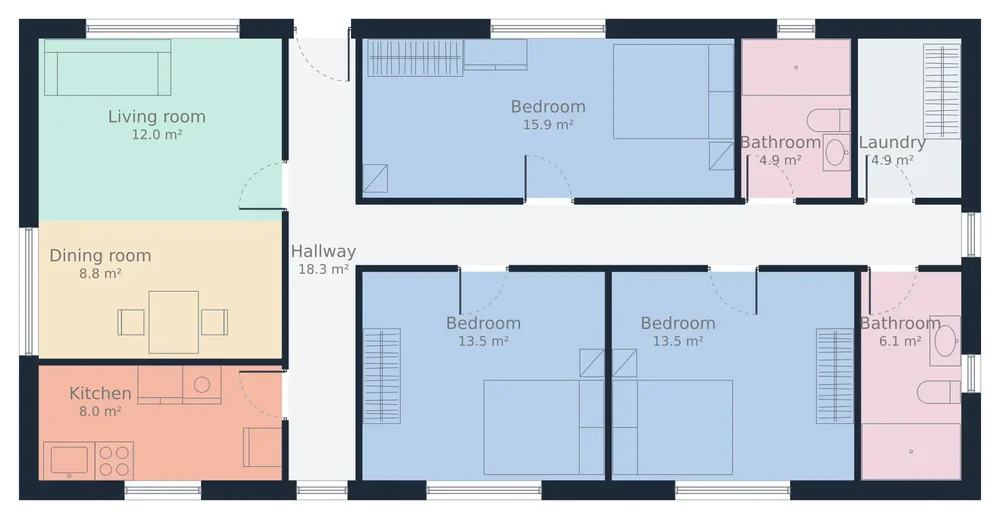 Colored floor plan labeled with living room, dining room, kitchen, hallway, bedrooms, bathrooms, and laundry, including room areas.