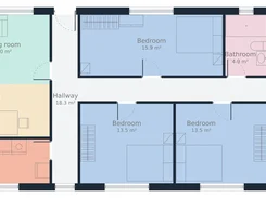Colored floor plan labeled with living room, dining room, kitchen, hallway, bedrooms, bathrooms, and laundry, including room areas.