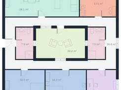 Colored house floor plan with furnished rooms and area labels in square meters.