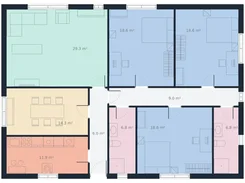 Colored house floor plan with living area, kitchen, bedrooms, bathrooms, furniture symbols, and square-meter labels.