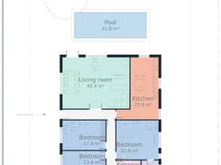 Site and floor plan showing a house with labeled living room, kitchen, bedrooms, bathrooms, laundry, pool, trees, and main entrance.