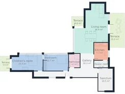 Colored house floor plan labeled with living room, kitchen, bedrooms, bathroom, gallery, terraces, heater room, and sanctum.