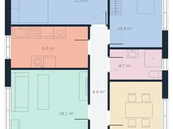Colored apartment floor plan with furnished rooms, door swings, and area labels in square meters.