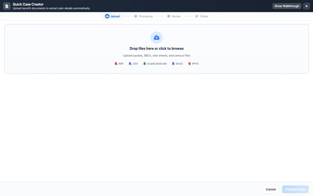 Upload carrier quotes, SBCs, rate sheets, and other benefit documents in Quick Case Creator.