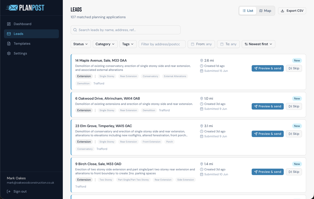 Matched planning-application leads, filtered by status, category and area