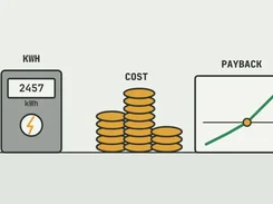 Illustration labeled “KWH,” “COST,” and “PAYBACK,” with an electricity meter reading 2457, stacks of coins, and an upward-trending chart.