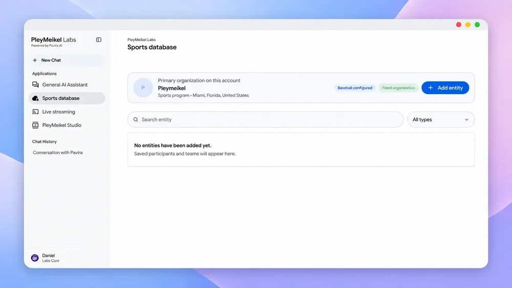 PleyMeikel Labs Sports database interface showing sidebar applications, a primary organization card for Pleymeikel, search and type controls, and an empty entities list.