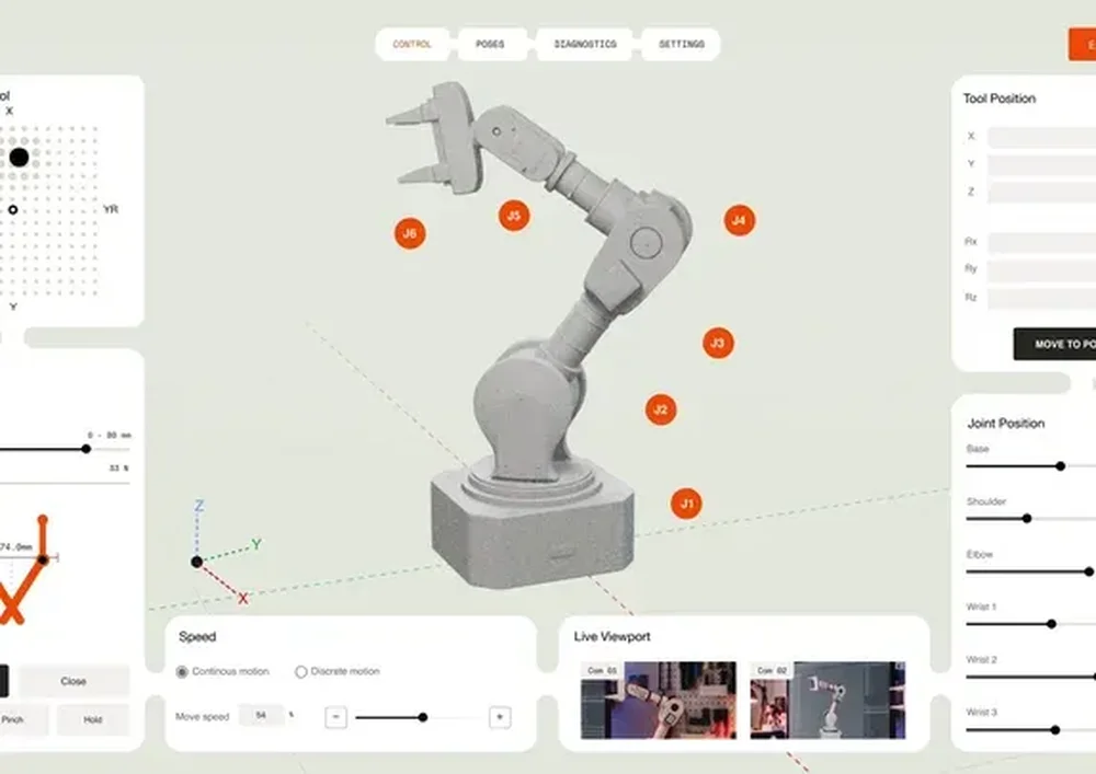 Industrial robot-control interface with a 3D robotic arm, joint labels, coordinate axes, position panels, speed controls, and live viewport thumbnails.