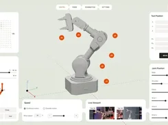 Industrial robot-control interface with a 3D robotic arm, joint labels, coordinate axes, position panels, speed controls, and live viewport thumbnails.