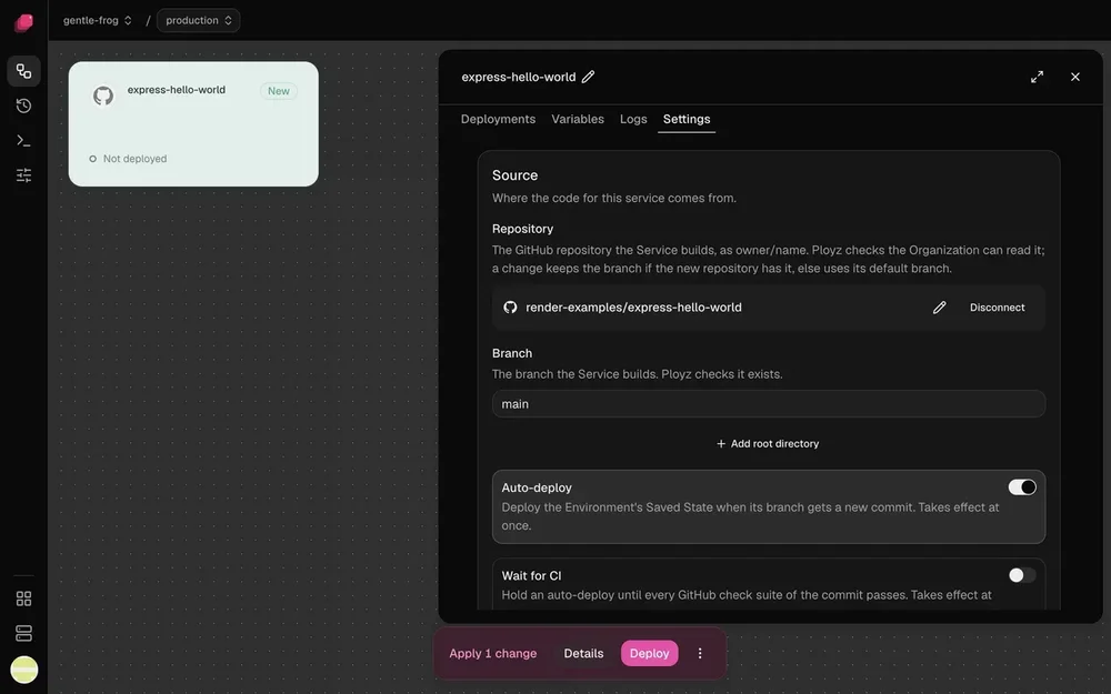 Ployz service Settings panel showing a GitHub repository, branch field, auto-deploy toggle, and deploy controls.