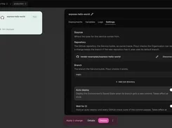 Ployz service Settings panel showing a GitHub repository, branch field, auto-deploy toggle, and deploy controls.