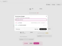 Ployz Environment changes dialog listing an image source version change and a FEATURE_SEARCH variable change, with Save only and Deploy changes buttons.