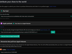 Dark-themed “Distribute your show to the world” page showing an RSS feed, Apple Podcasts connection, and podcast-directory links.