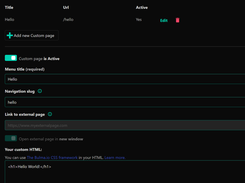 Dark-themed custom-pages editor with a page list, active toggle, navigation slug, external-link field, and custom HTML editor.