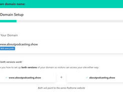 Custom Domain Setup wizard at step 2 of 5, showing configuration for www.aboutpodcasting.show and its non-www domain version.
