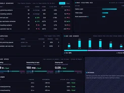 Dark analytics detail dashboard with Google search queries, visitor actions, campaign results, age and gender distribution, page-speed metrics, and revenue status.
