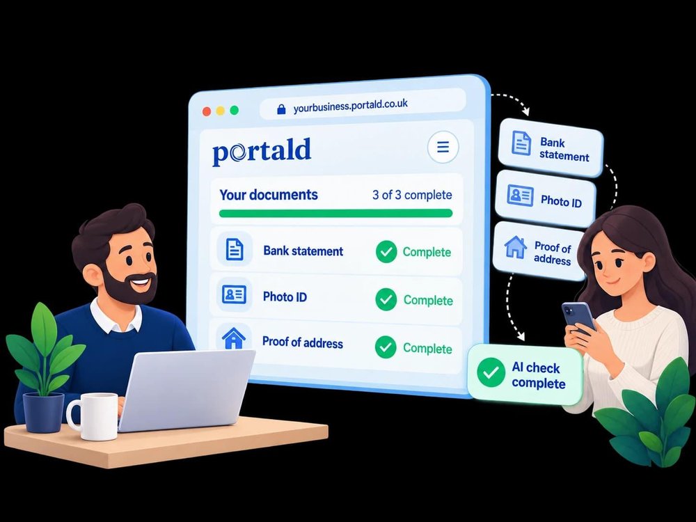 Illustrated PORTALD document-verification workflow showing a browser panel with Bank statement, Photo ID, and Proof of address marked complete, connected to an AI check complete badge.