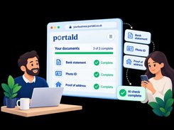 Illustrated PORTALD document-verification workflow showing a browser panel with Bank statement, Photo ID, and Proof of address marked complete, connected to an AI check complete badge.