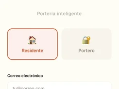 Mobile Portea login screen with Resident and Porter choices, email and password fields, and an Ingresar button.