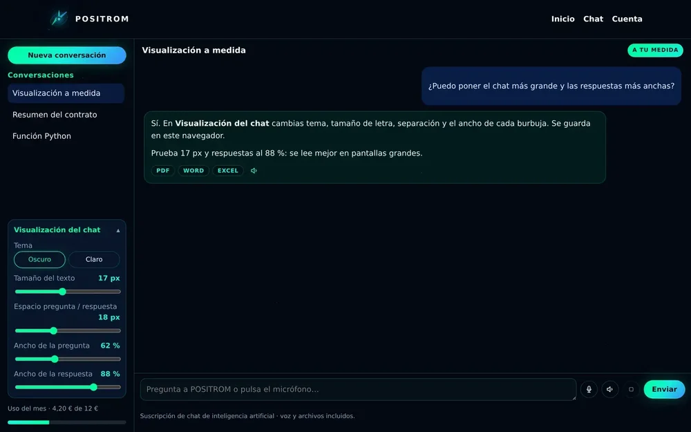 POSITROM chat interface with a chat-visualization settings panel for dark or light theme, text size, spacing, and message widths.
