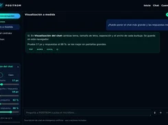POSITROM chat interface with a chat-visualization settings panel for dark or light theme, text size, spacing, and message widths.