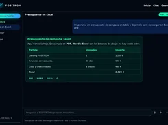 POSITROM chat interface showing a campaign-budget table with line items, quantities, euro amounts, total, and PDF, Word, and Excel export options.