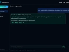 POSITROM dark-mode chat interface showing a request to draft an email to a supplier and a generated email response with PDF, Word, and Excel options.