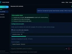 POSITROM chat interface showing a contract-summary request, key points from the response, and a browser audio configuration panel.