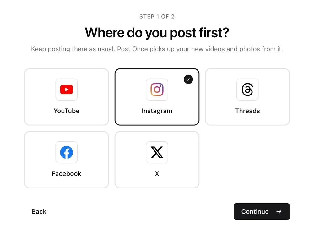 Post Once onboarding screen asking where the user posts first, with selectable YouTube, Instagram, Threads, Facebook, and X tiles; Instagram is selected.