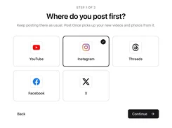 Post Once onboarding screen asking where the user posts first, with selectable YouTube, Instagram, Threads, Facebook, and X tiles; Instagram is selected.