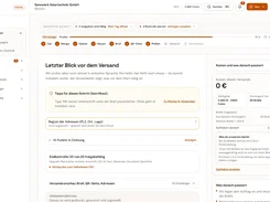 Postry Portal campaign-review screen titled "Letzter Blick vor dem Versand," with campaign progress, validation sections, delivery costs, credits, and a left navigation menu.