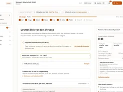 Postry Portal campaign-review screen titled "Letzter Blick vor dem Versand," with a campaign-step progress bar, validation checks, cost summary, and navigation sidebar.