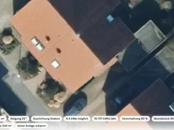 A Postry interface view displaying a satellite image of a residential roof with labels for roof area, tilt, southeast orientation, solar capacity, annual yield, shading, and lot area.