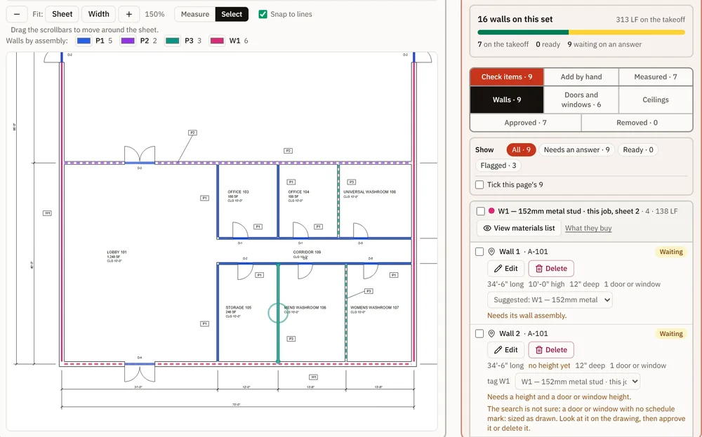 Plan takeoff workspace with a highlighted floor plan and wall-review panel.