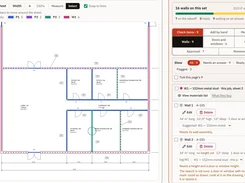 Plan takeoff workspace with a highlighted floor plan and wall-review panel.