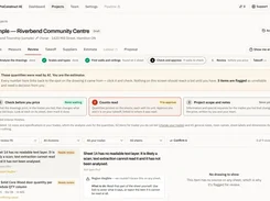 AI quantity-review screen listing flagged construction drawing items for estimator approval.