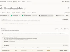 Estimate workspace listing construction materials, quantities, unit costs, markup, and totals.