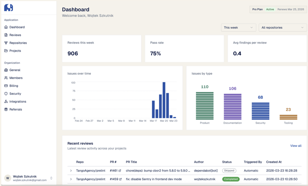prelint understands your product: product, specs, architecture decisions, and business logic, and flags when your code starts drifting.