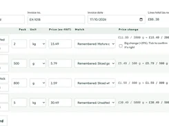 PrepSheet review screen for a supplier invoice, listing ingredient descriptions, pack sizes, units, prices, remembered matches, and price-change alerts.