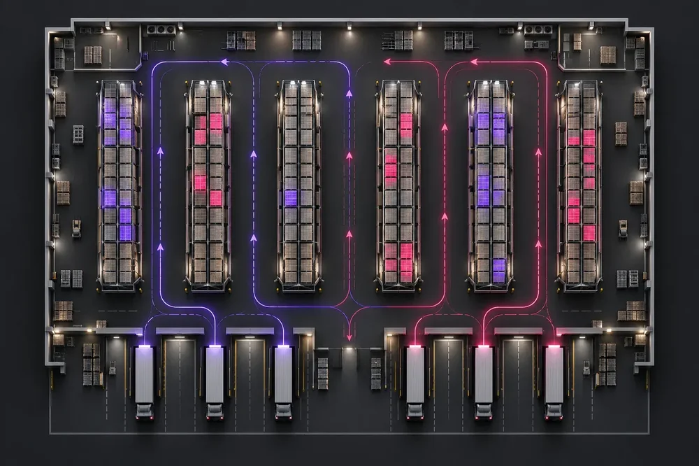 Top-down warehouse layout showing storage aisles, loading docks, and colored directional routes.