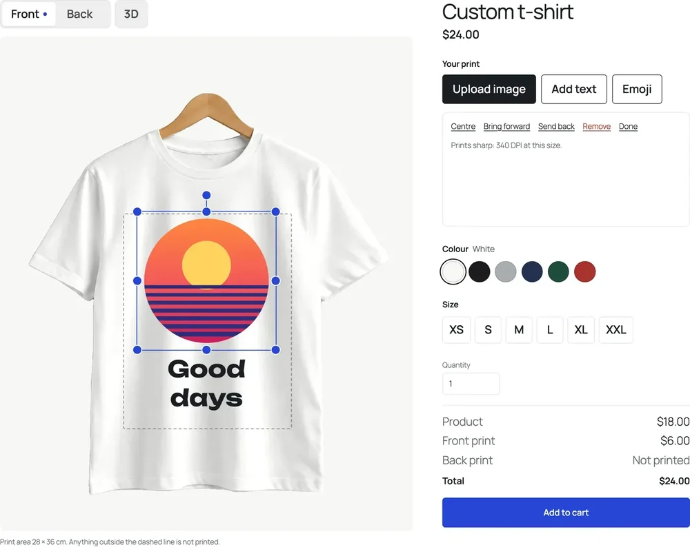 Custom T-shirt editor with image upload, text, emoji, color, size, and cart controls.