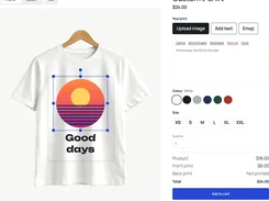 Custom T-shirt editor with image upload, text, emoji, color, size, and cart controls.