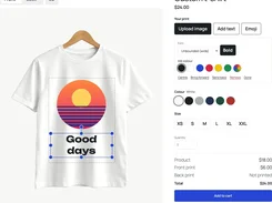 Custom T-shirt editor with font, bold, ink-color, and layer controls.