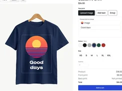 Custom T-shirt editor showing a navy shirt design, selectable elements, colors, sizes, and order total.