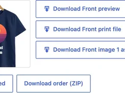 Order-processing interface with a T-shirt preview and download and print-status buttons.
