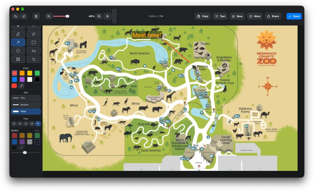 Desktop editor annotating a zoo map with text, arrow, color, and line controls.
