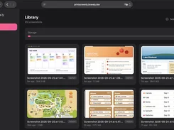 PrintScreen.ly web library with screenshot cards, storage usage, and navigation settings.