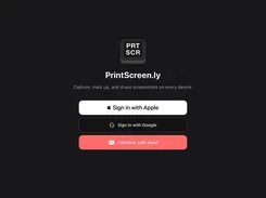 PrintScreen.ly sign-in screen with Apple, Google, and email options.