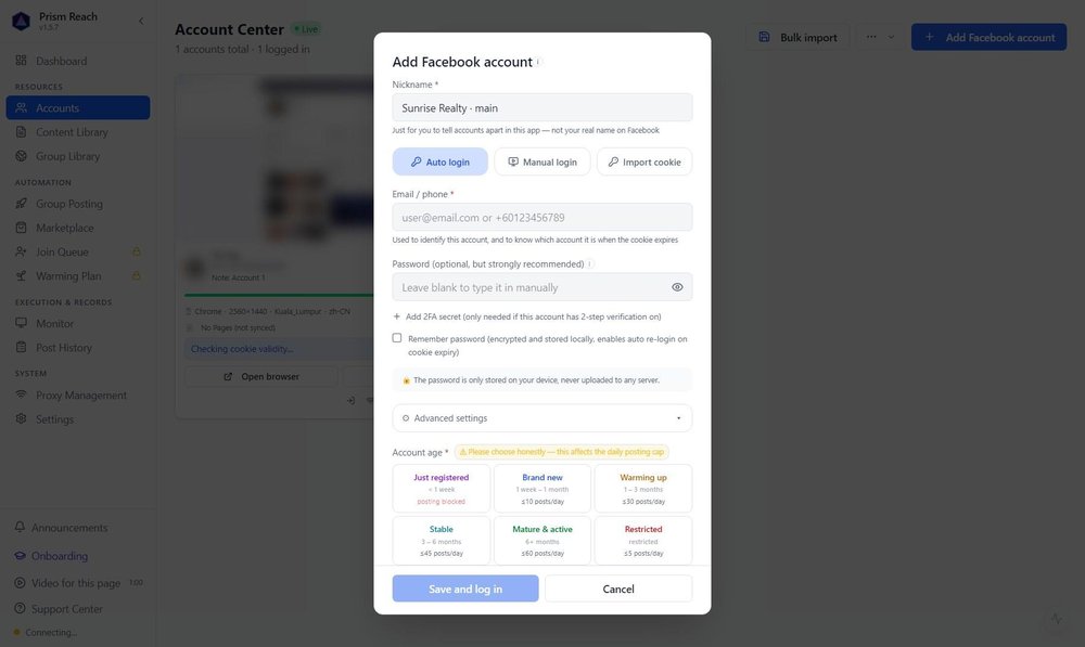 Prism Reach Account Center with an Add Facebook account dialog containing nickname, login method, email or phone, password, 2FA, and account-age options.