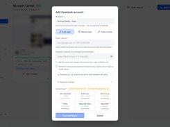 Prism Reach Account Center with an Add Facebook account dialog containing nickname, login method, email or phone, password, 2FA, and account-age options.